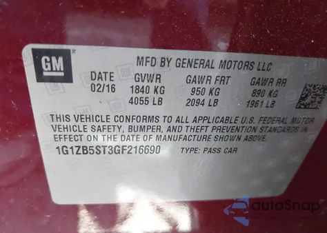 2016 Chevrolet Malibu Ls z USA, uszkodzony, nr VIN 1G1ZB5ST3GF216690